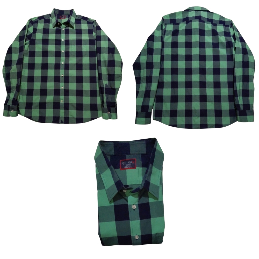 Untuckit Shirt Mens XLT Slim Green Navy Blue Plaid Long Sleeve Button Up EUC